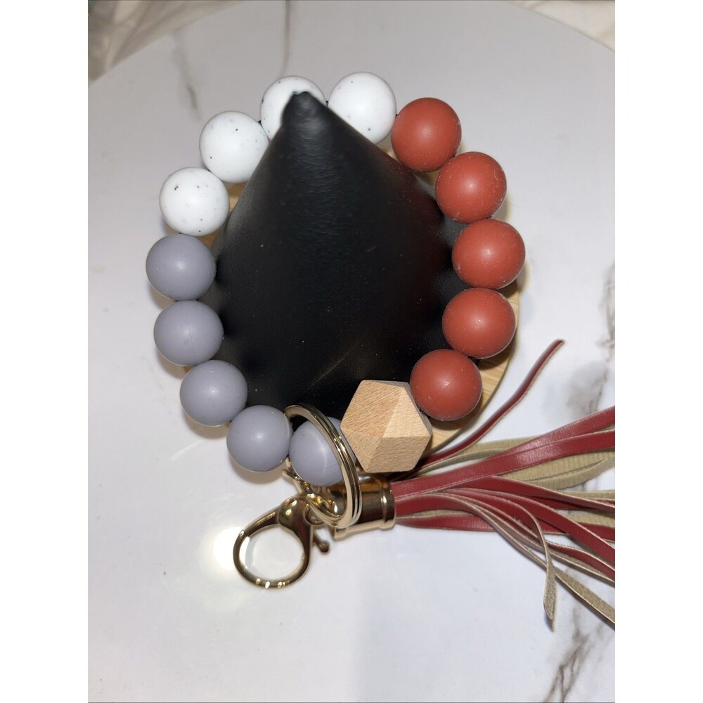 Silicone Beaded Wristlet Keychain Bracelet Tassel Key Ring Holder